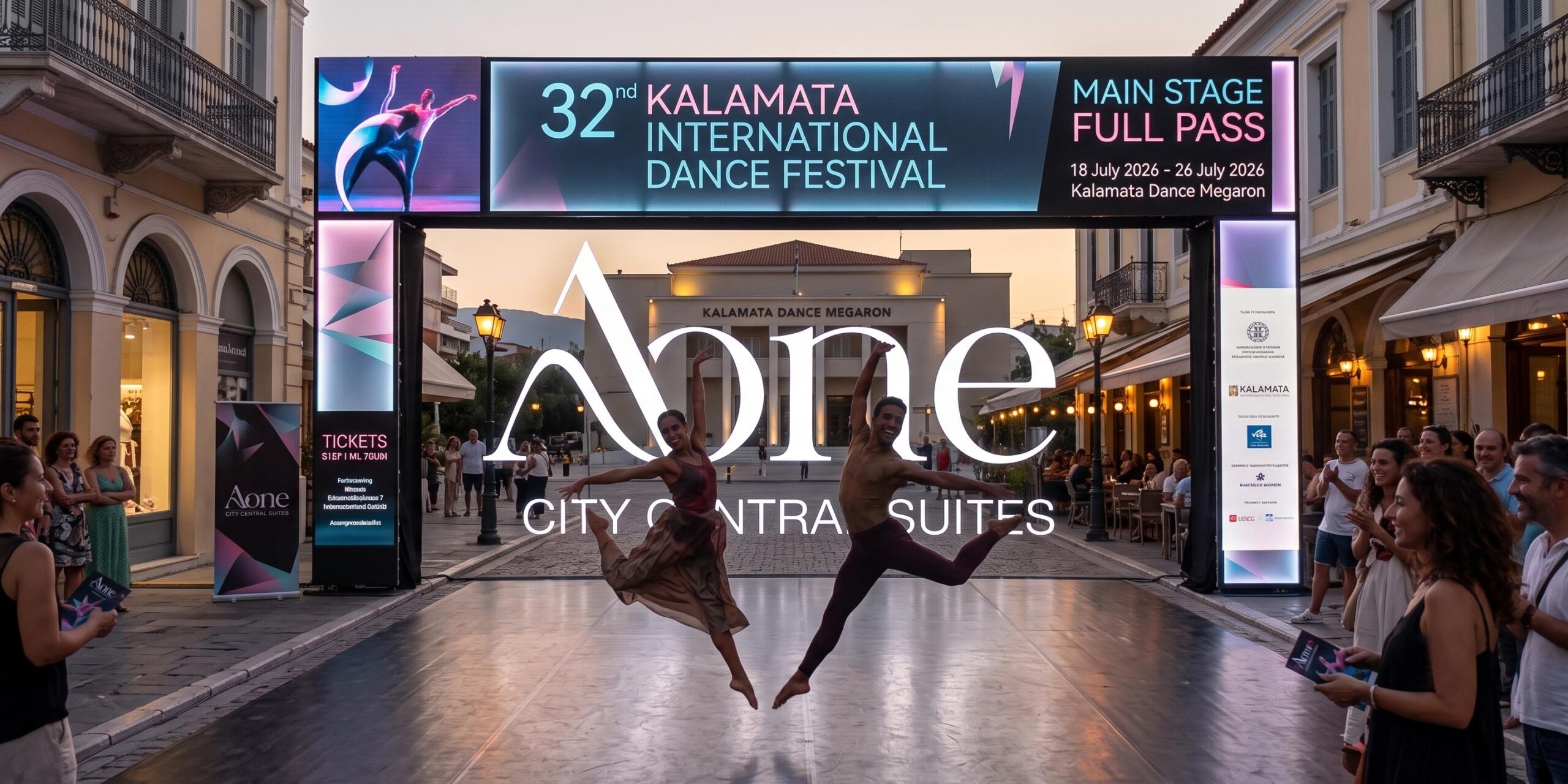 Two ballet dancers are mid-air in a leap on a street stage under a large illuminated festival banner, with spectators along the sides.
