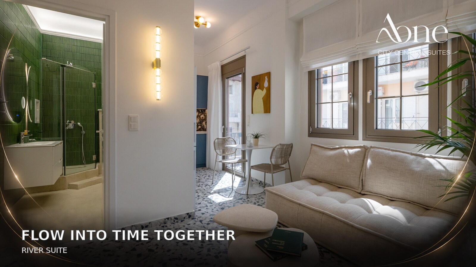 A Couples’ Getaway in Kalamata: Privacy, City Life and Time Together — interior view River Suite at AONE City Central Suites for a couples’ getaway in Kalamata — interior view