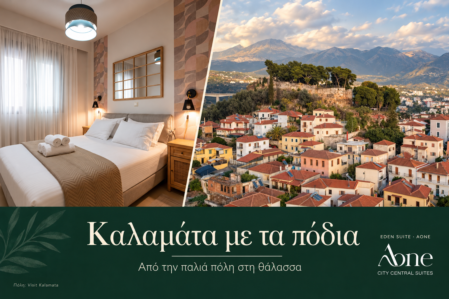 Σύνθεση της παλιάς πόλης της Καλαμάτας και του υπνοδωματίου της Eden Suite, με το λογότυπο AONE