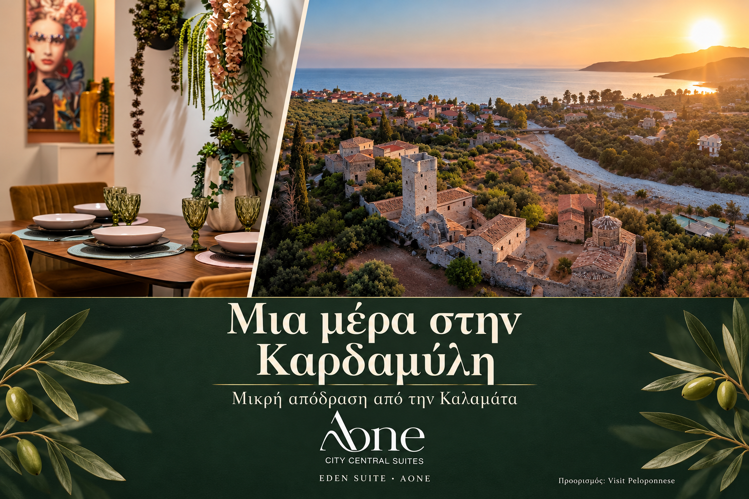 Σύνθεση της Παλιάς Καρδαμύλης και της τραπεζαρίας της Eden Suite, με το λογότυπο AONE